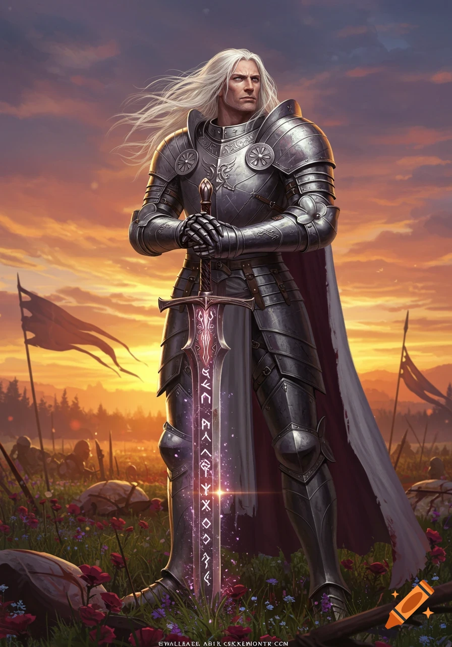 A solemn fantasy knight with long white hair stands in full silver armor, holding a glowing magical sword on a battlefield at sunset.
