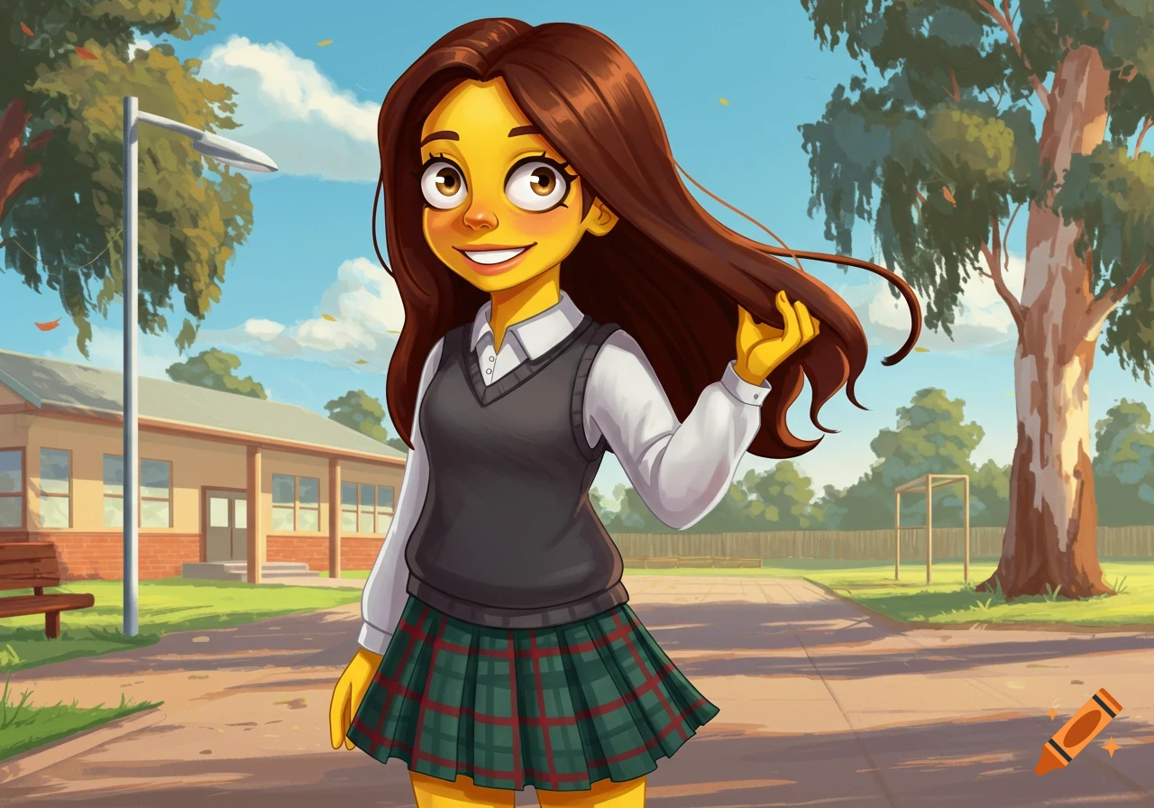 Smiling teenage girl with yellow skin, long brown hair, in a school uniform, standing outdoors at a school in a cartoon style.