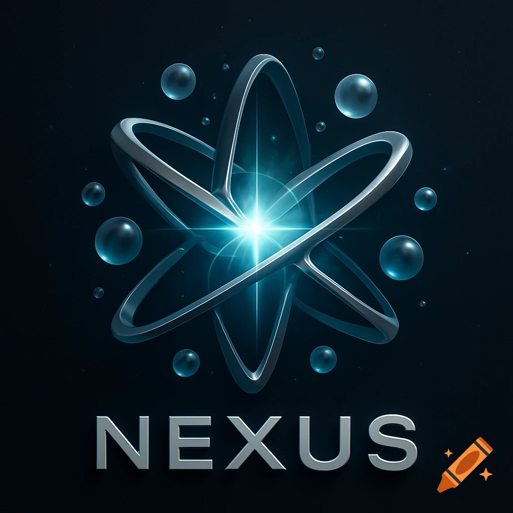 A 3D metallic futuristic logo with a glowing blue atom-like core and floating bubbles above silver text 'NEXUS' on a dark background.
