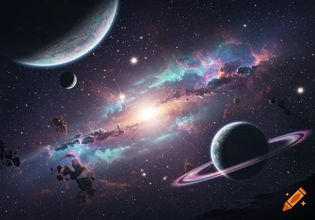 A vibrant cosmic scene featuring multiple planets, one with prominent rings, surrounded by asteroids, a bright central star, and colorful nebulae in shades of teal and purple amidst a field of stars.