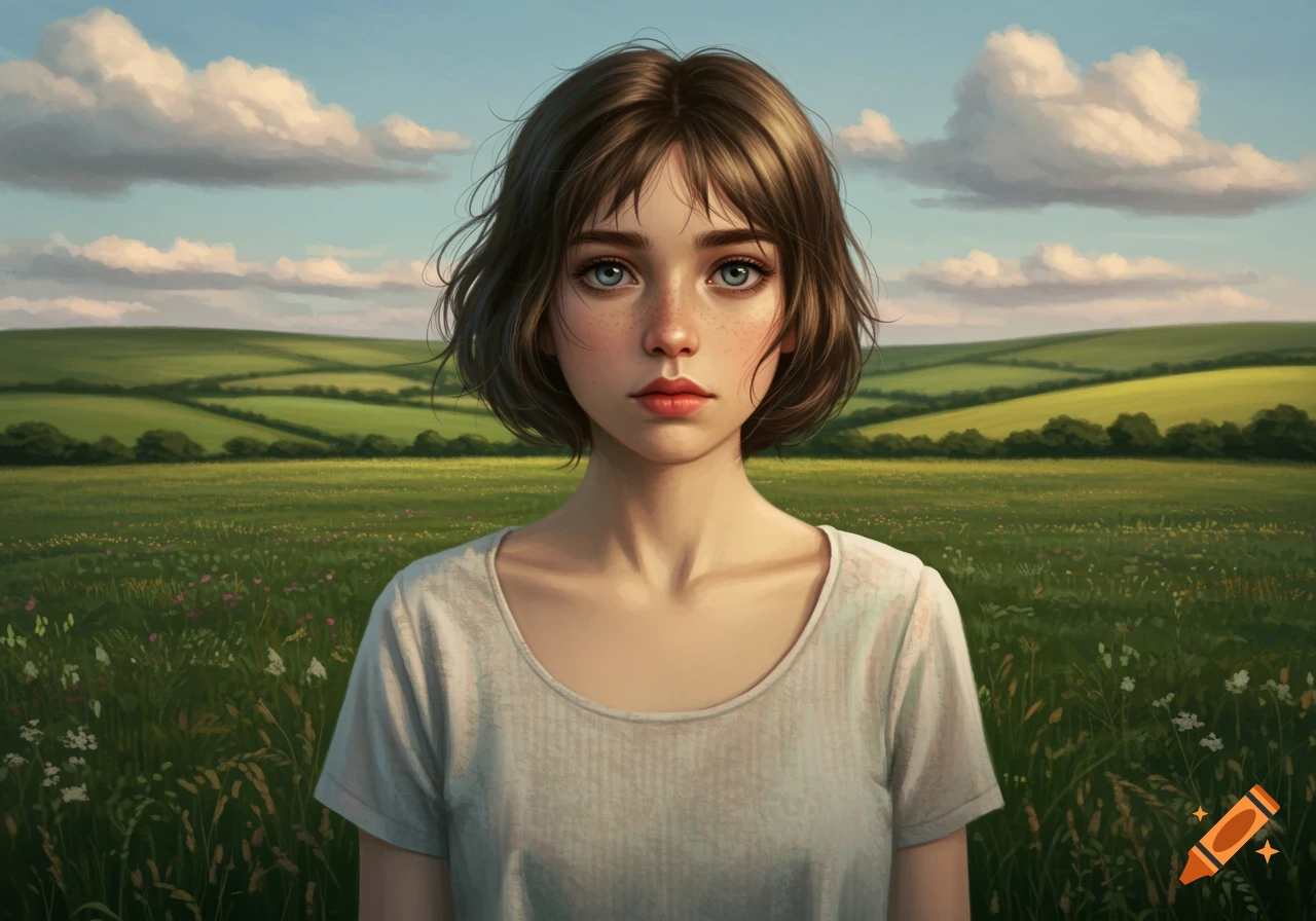 A portrait of a young woman with short brown hair and blue eyes, standing in a green field with rolling hills and clouds under a blue sky.