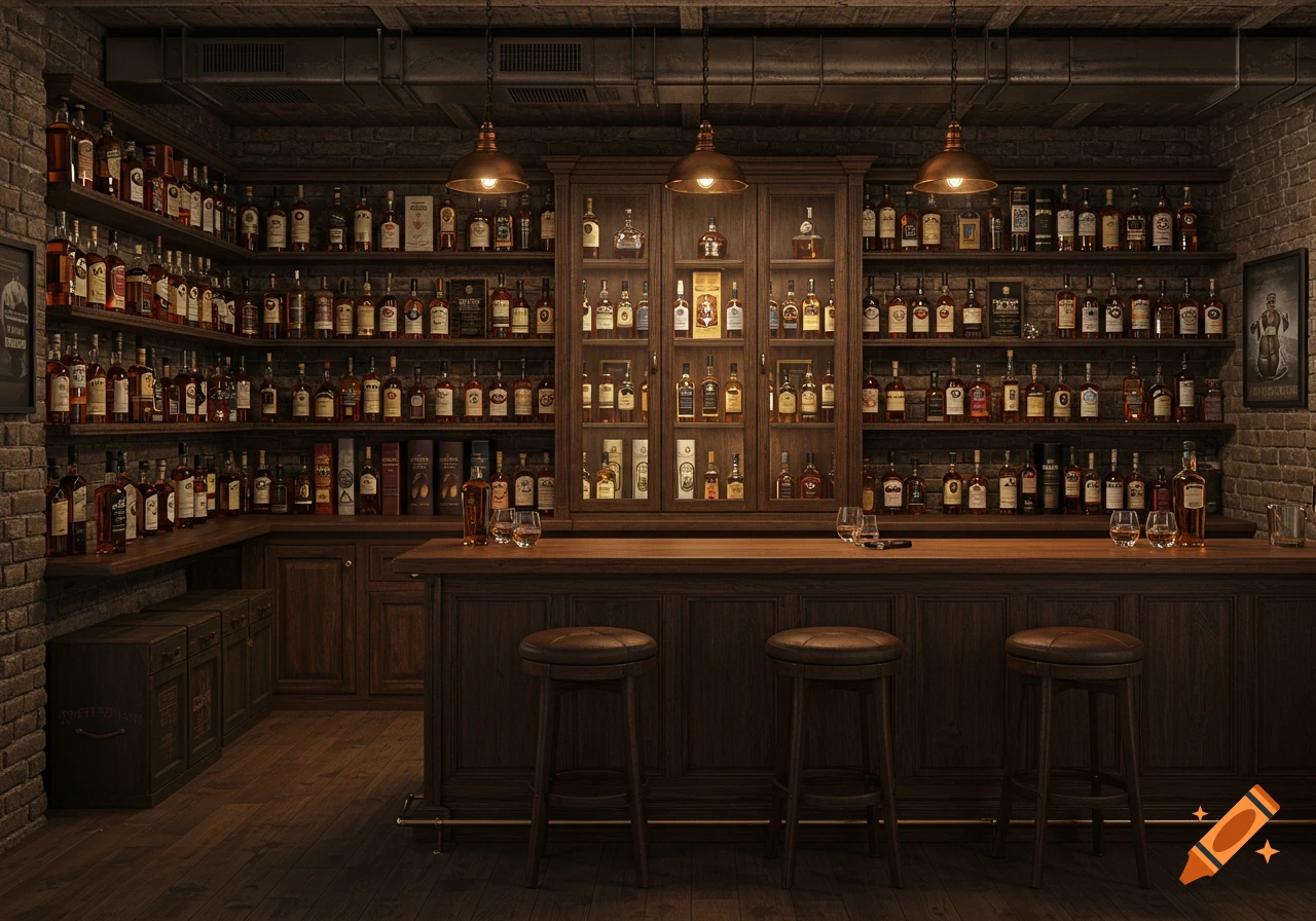Photorealistic image of a classic basement bar with numerous scotch bottles on shelves, a wooden counter, and three bar stools.