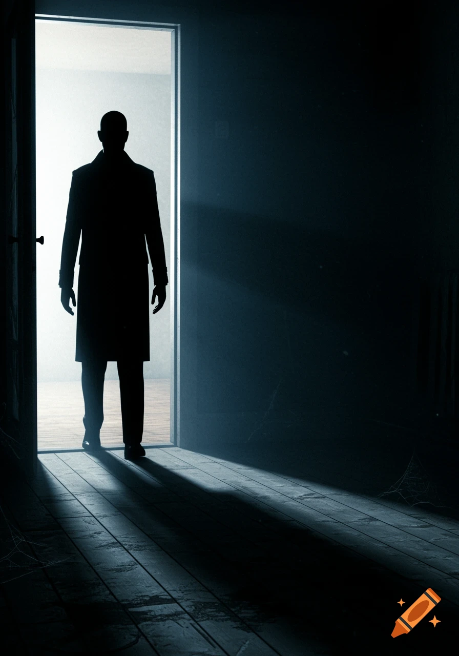 A silhouetted man stands in a brightly lit doorway, casting a long shadow onto the wooden floor of a dark, eerie room.