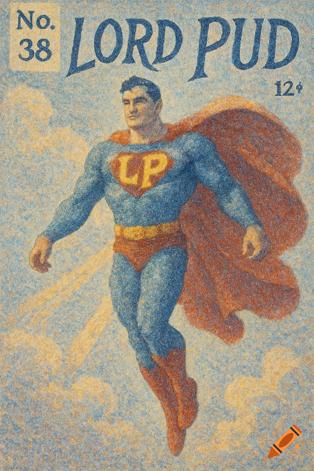 A pointillist comic book cover titled "Lord Pud" featuring a superhero, Lord Pud, with "LP" on his chest, flying in the clouds.