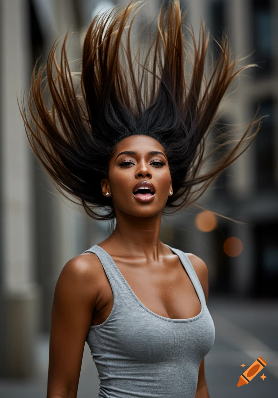 A photorealistic portrait of a woman with long hair flipped upwards, wearing a grey tank top.