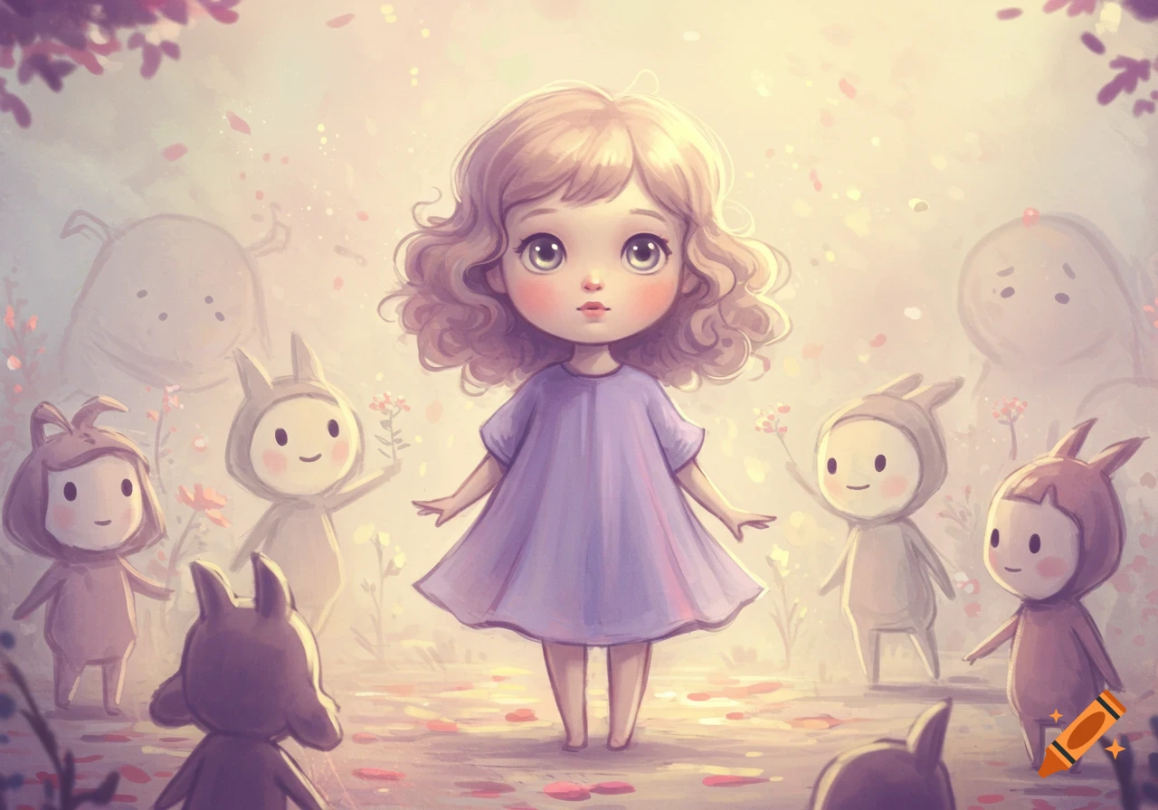 A cute, big-eyed girl in a purple dress stands in a magical garden surrounded by small, cartoonish creatures, in a digital art style.