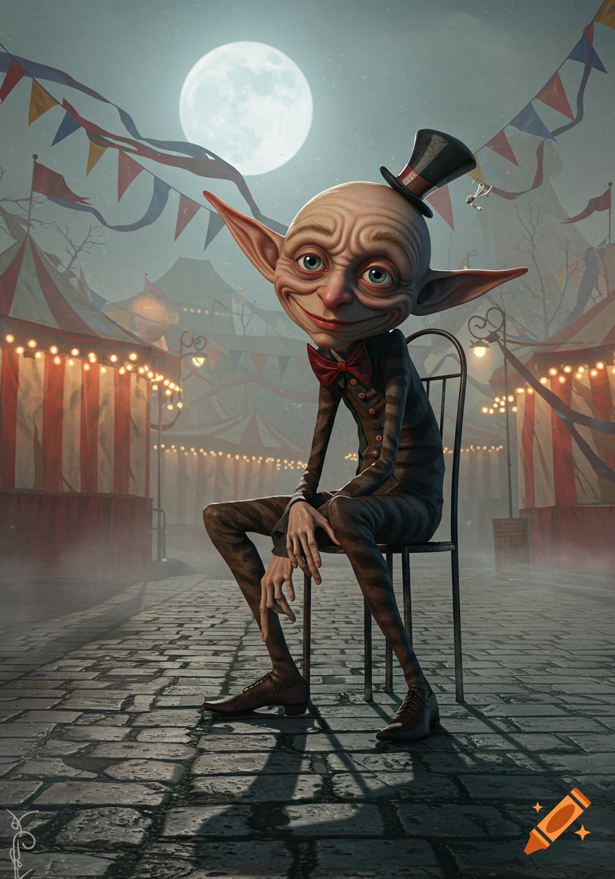 A whimsical, big-eared, wrinkled creature in a top hat and striped suit sits on a chair in a misty carnival under a full moon.