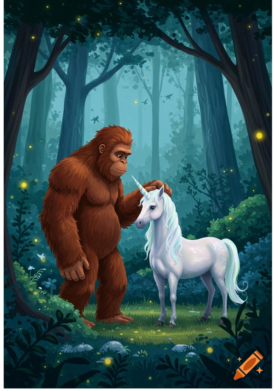 A large, furry Bigfoot gently pets a white unicorn with a glowing horn in a mystical, dark green forest with fireflies.