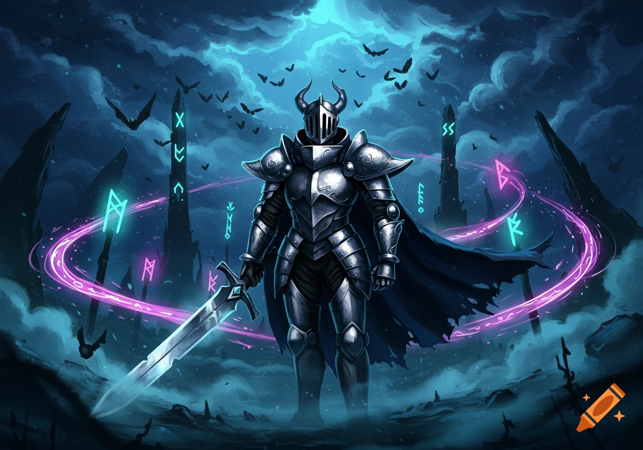 A knight in full silver armor with a horned helmet stands holding a sword amidst glowing purple and blue runes and dark spires under a stormy sky with bats.