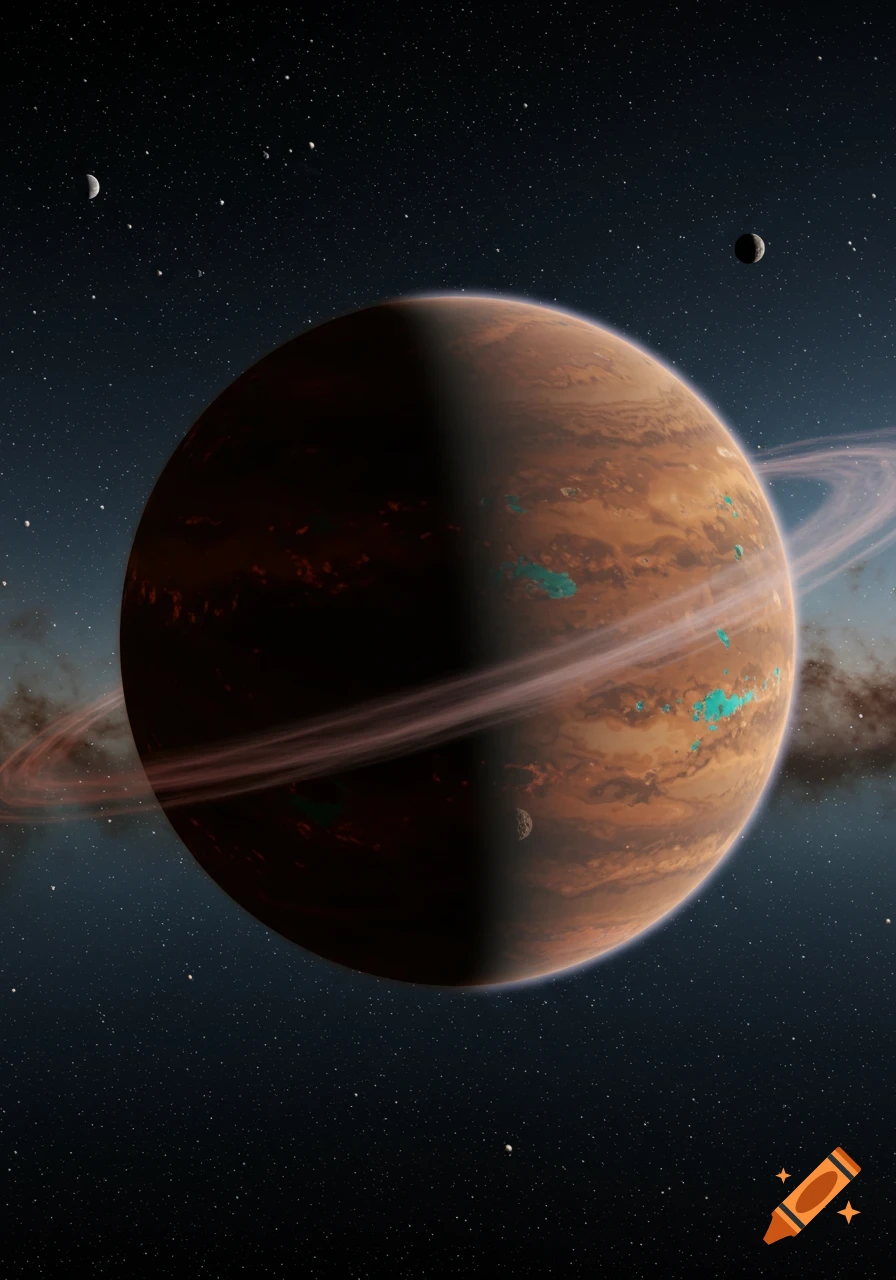 A large brown-orange ringed planet with teal features and two moons in a star-filled space.