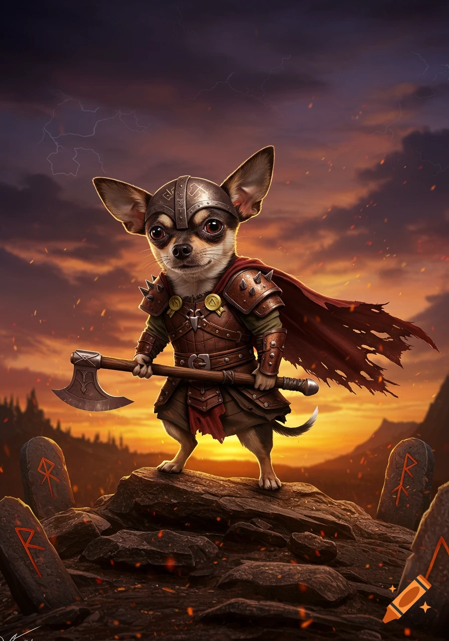 A cute chihuahua dog dressed in barbarian armor, holding an axe, stands on a rocky hill at sunset with lightning in the sky.
