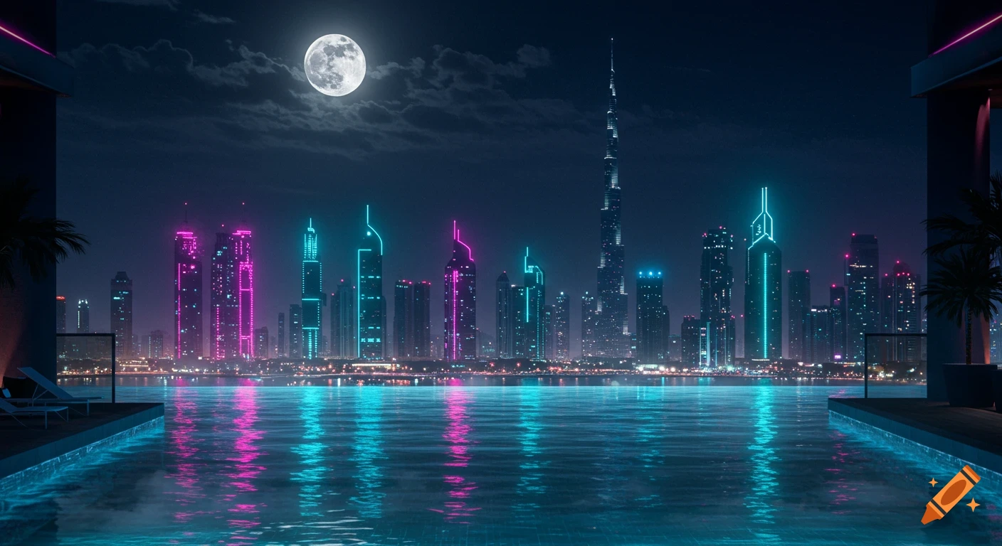A nighttime view of the Dubai cityscape from an infinity pool, with neon lights reflecting on the water under a full moon.