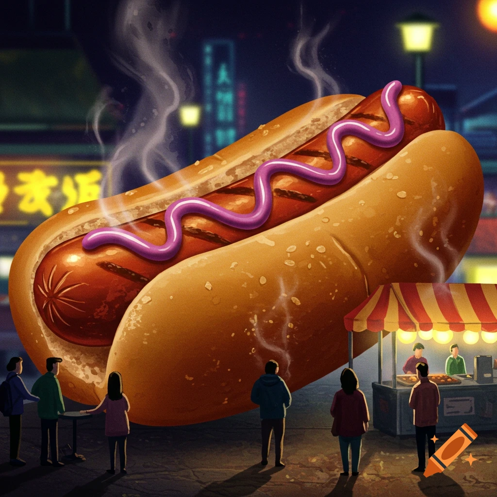 A giant hotdog with purple mustard steams on a night city street, with small people gathered around a food stall.