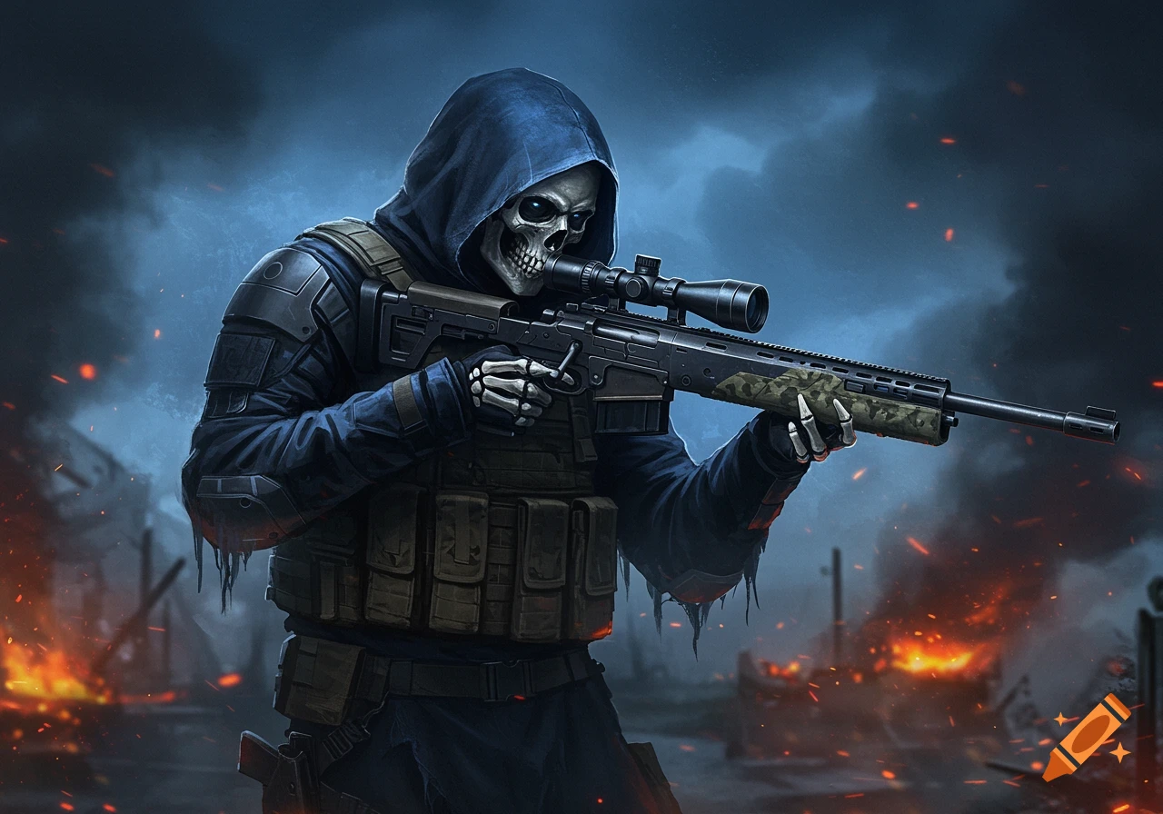 A stylized digital painting of a skeletal grim reaper in tactical military gear, aiming a sniper rifle amidst a burning, smoky battlefield.