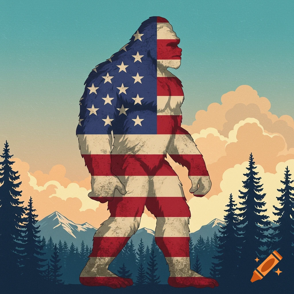 Illustration of a Bigfoot figure patterned with the American flag, standing in a mountain forest landscape.