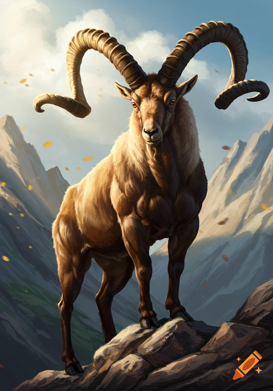A muscular goat with large curved horns stands powerfully on a rocky mountain peak under a dramatic sky, digital art.
