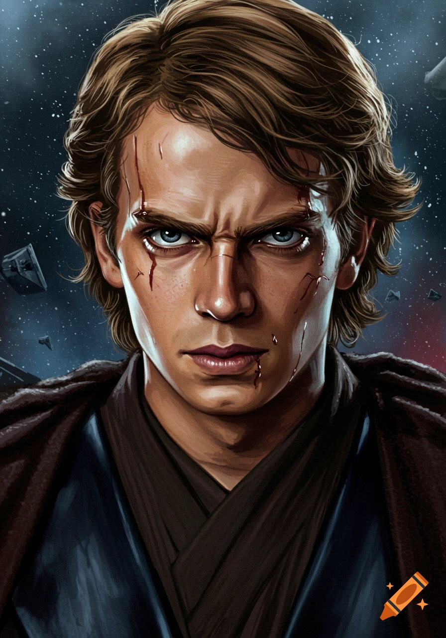 Digital painting portrait of Anakin Skywalker with a determined expression and blood streaks on his face against a starry space background.