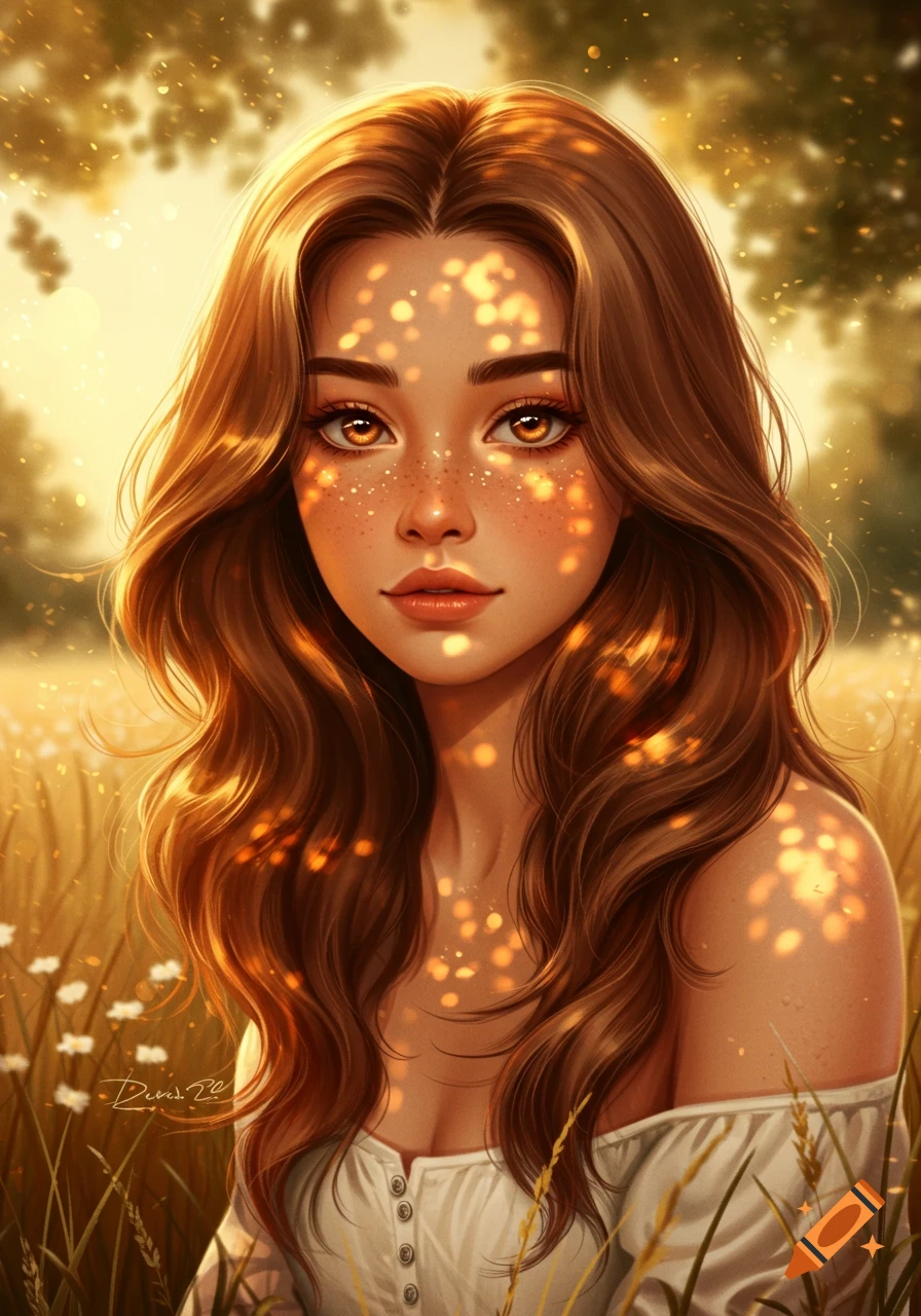 A close-up portrait of a woman with long, wavy brown hair, freckles, and warm brown eyes, illuminated by golden sunlight and light speckles. She wears a white, off-shoulder top and is set in a sunny field of golden grass.