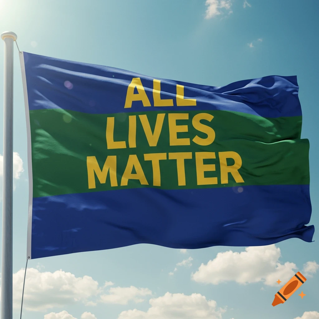 A blue and green striped flag with the words "ALL LIVES MATTER" in yellow, waving against a bright blue sky with white clouds.