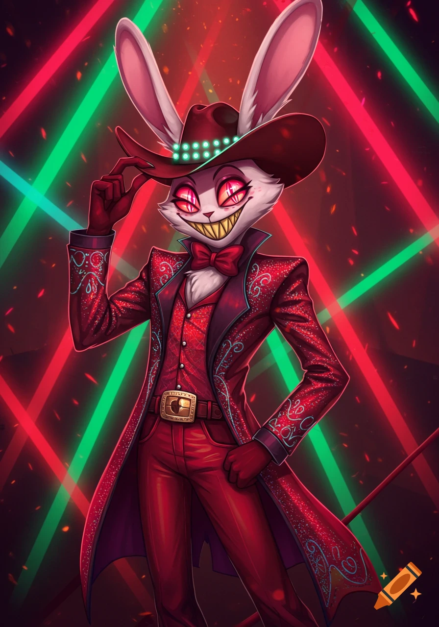 A stylized rabbit demon in a sparkly red suit and cowboy hat, with four glowing red eyes, smiles unsettlingly against a background of red and green neon lights.
