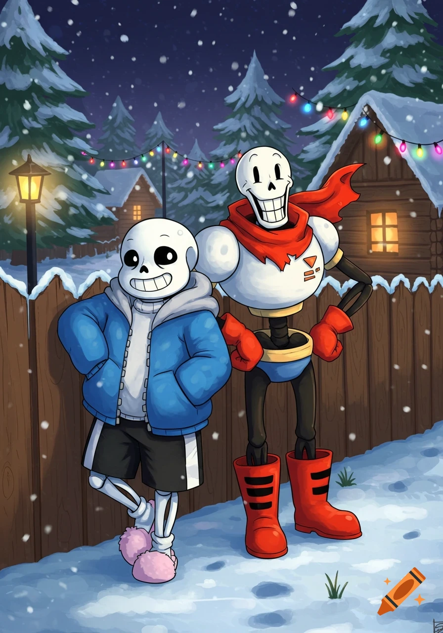 Cartoon skeletons Sans and Papyrus stand in a snowy winter scene with Christmas lights and cabins at night.