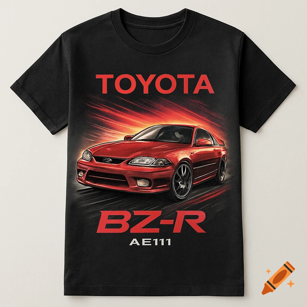 Black t-shirt with a red Toyota car and red and white text for 'TOYOTA', 'BZ-R', and 'AE111'.