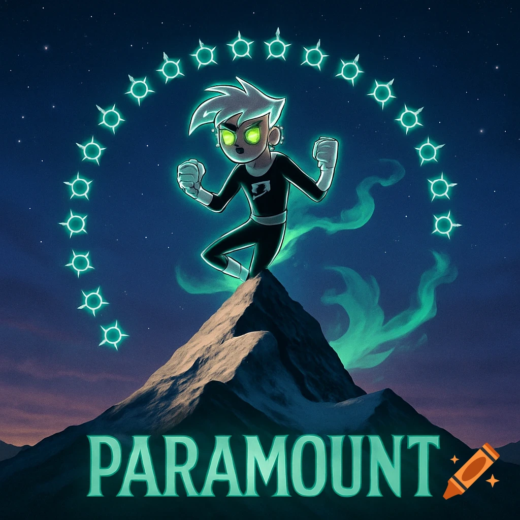 Danny Phantom character stands atop a mountain under a starry night sky with glowing stars, and the word PARAMOUND at the bottom.