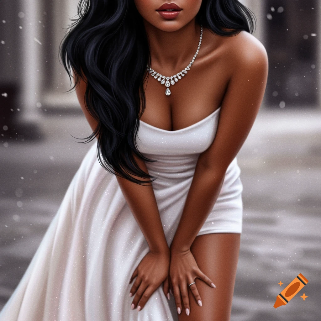 A beautiful woman with long black hair and brown skin wearing a white strapless dress and a diamond necklace, looking shy.