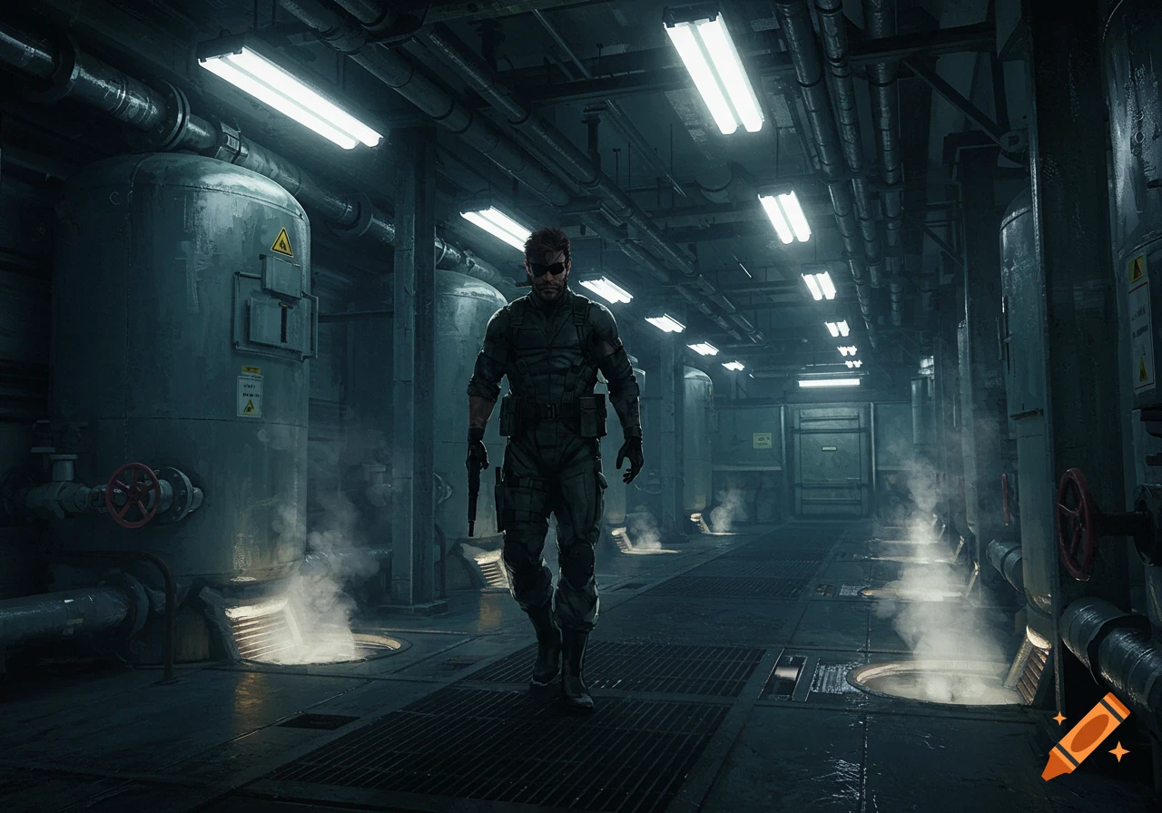 A man in tactical gear, resembling Solid Snake, walks through a dark, steamy industrial facility with large tanks and overhead pipes.