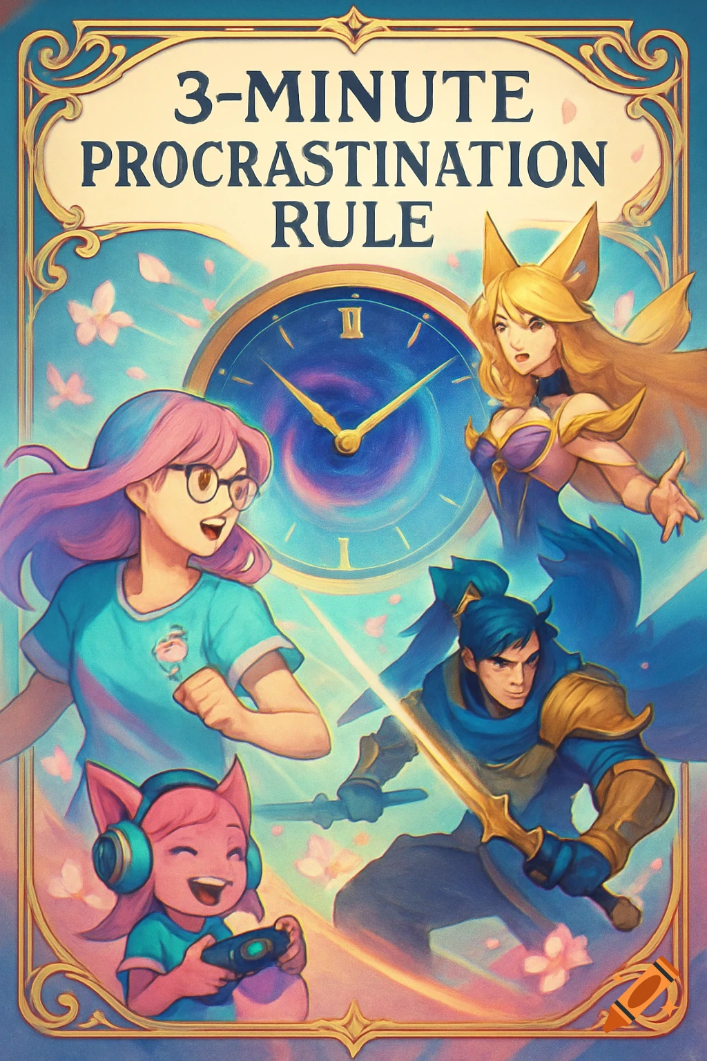 An anime-style illustration featuring various characters, including one with pink hair, and others resembling League of Legends characters like Ahri and Yasuo, around a large clock with the text "3-MINUTE PROCRASTINATION RULE" above.