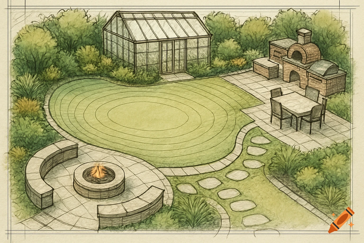 An architectural sketch of a backyard featuring a greenhouse, oval lawn, fire pit with curved seating, and a patio with a dining table, grill, and pizza oven.