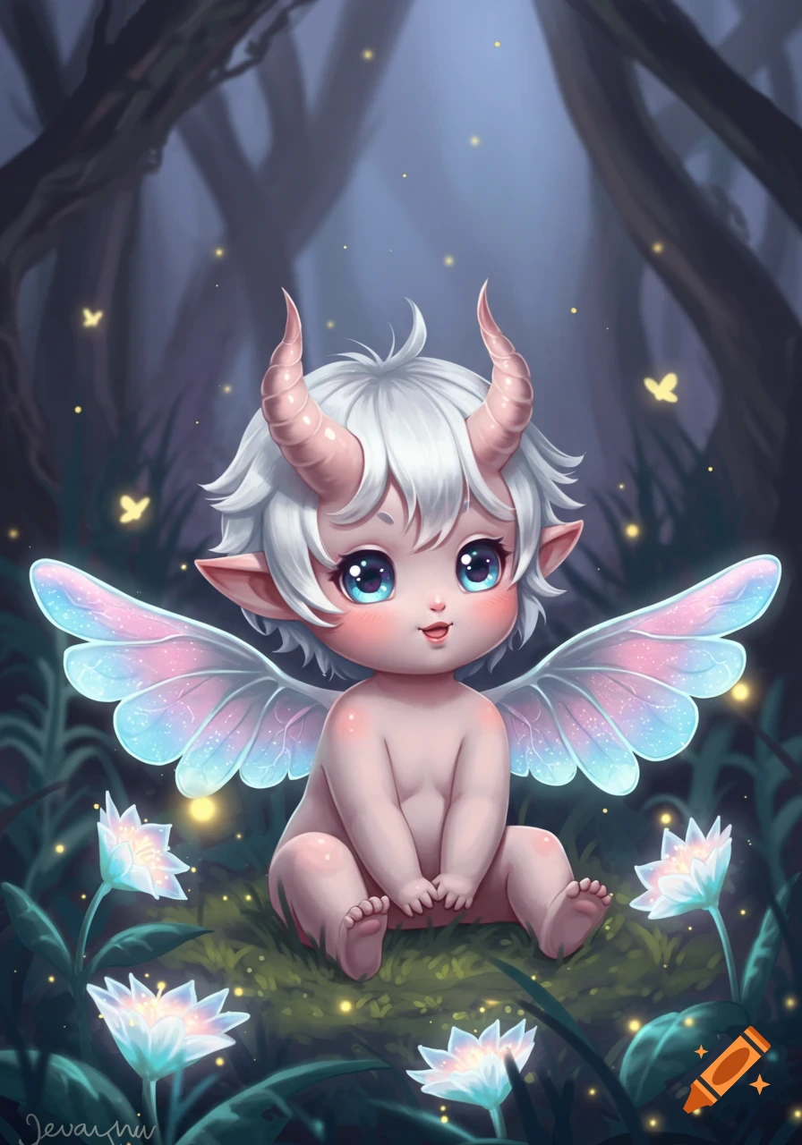 Chibi baby demon with white hair, pink horns, and iridescent wings sitting in a dark forest with glowing flowers.