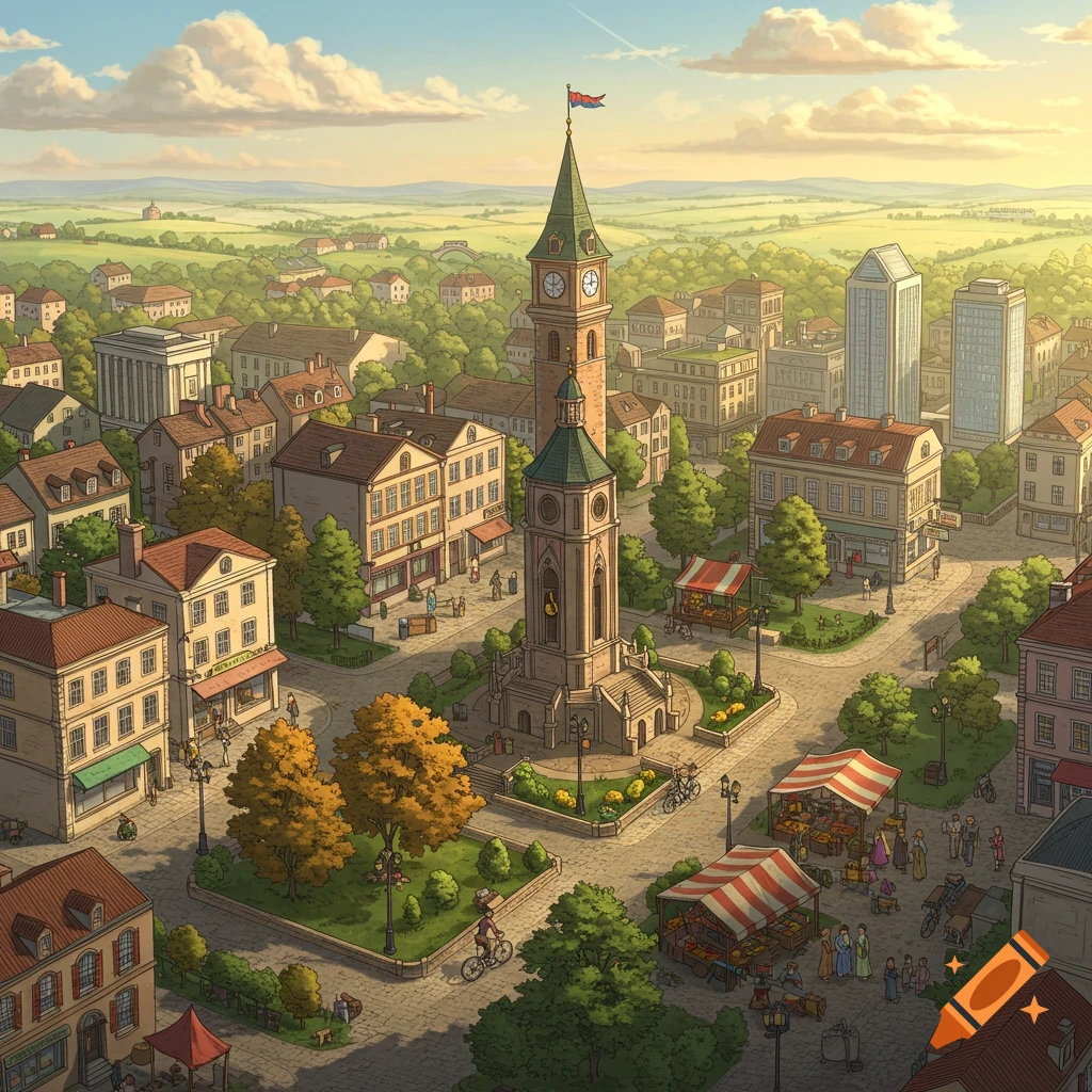 An isometric illustration of a quaint, sunlit city with a tall clock tower at its center, surrounded by buildings and lush green landscapes, with small figures moving about.