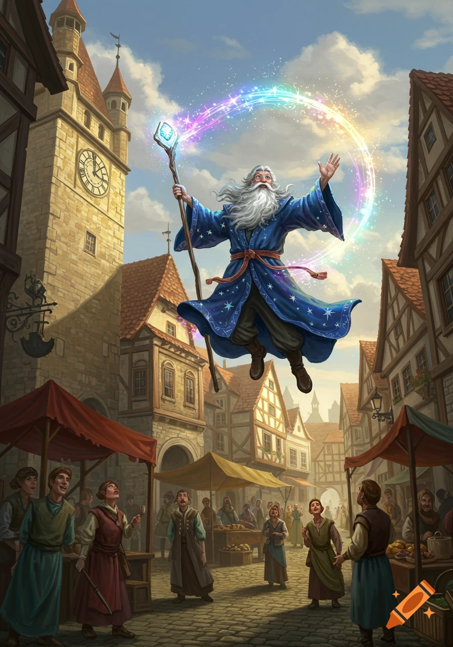 A wizard in blue robes levitates above a busy medieval town square, casting a rainbow spell from his staff as townsfolk look on.