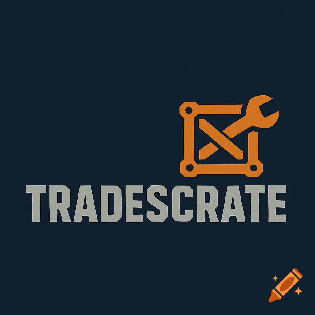 Logo for 'TradesCrate' with blocky grey text and an orange industrial icon featuring a crate-like frame and a wrench.