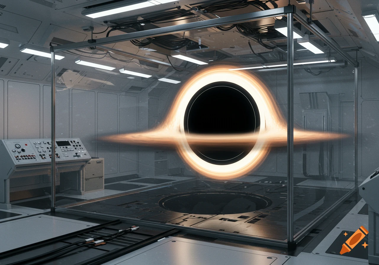A black hole with an accretion disk suspended inside a glass containment cube in a futuristic science lab.