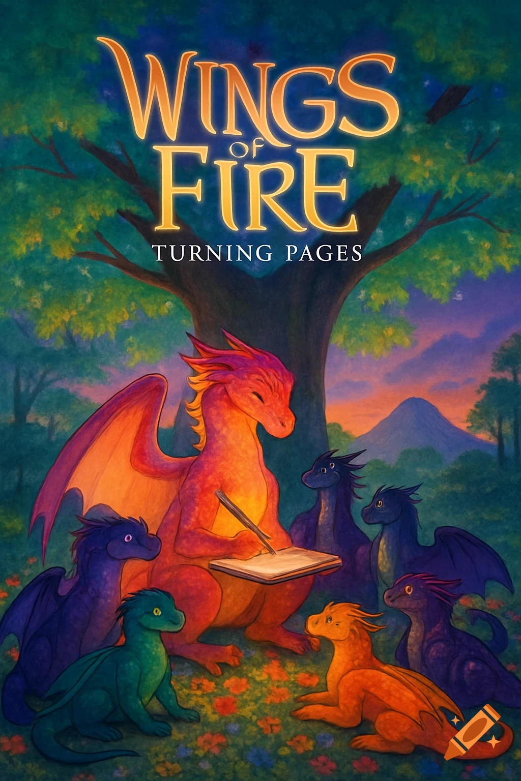 A vibrant fantasy illustration of an orange dragon writing on a pad, surrounded by smaller dragons under a tree. Text: Wings of Fire: Turning Pages.