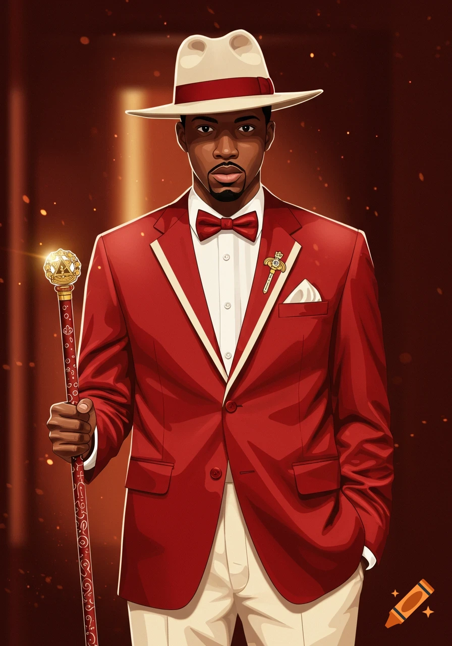 An illustrated portrait of a man in a red suit, white shirt, and fedora, holding a decorative cane.