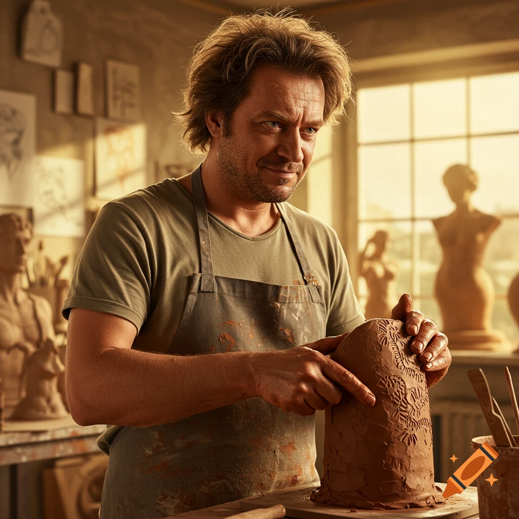 A photorealistic image of a male artist in an apron, intently sculpting patterns on a clay piece in a sunlit studio.
