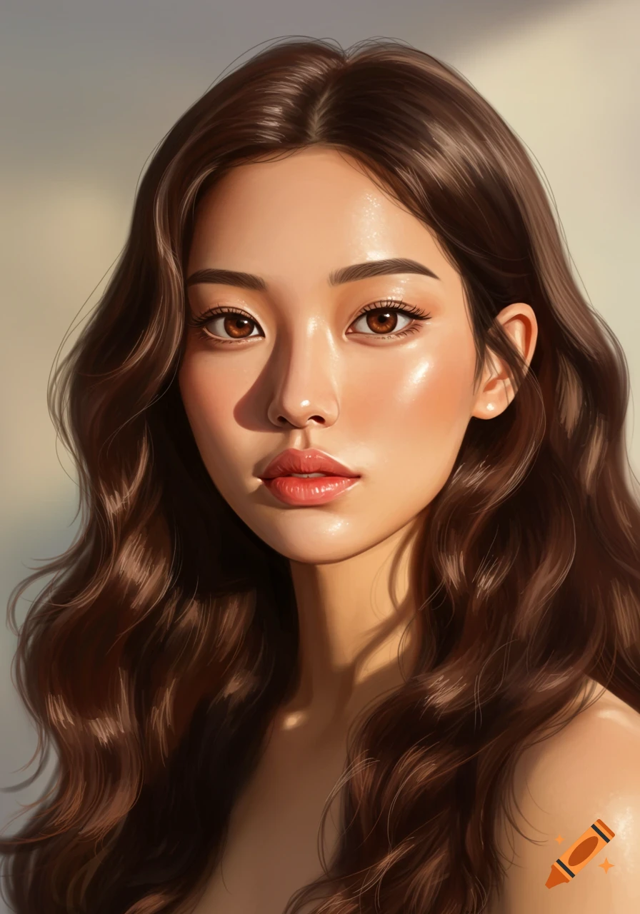 Close-up digital art portrait of an attractive woman with long wavy brown hair, looking forward.
