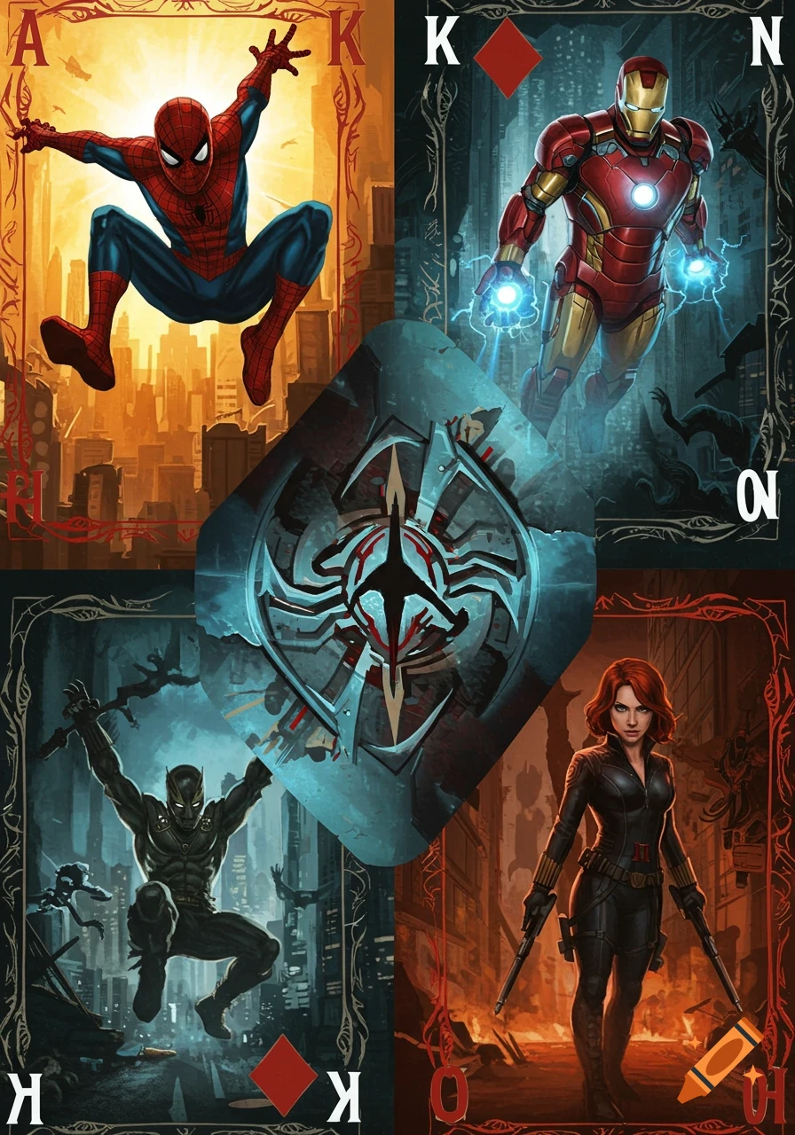 A collage of four comic book-style Marvel superhero playing cards featuring Spider-Man, Iron Man, Black Panther, and Black Widow, arranged around a central emblem.