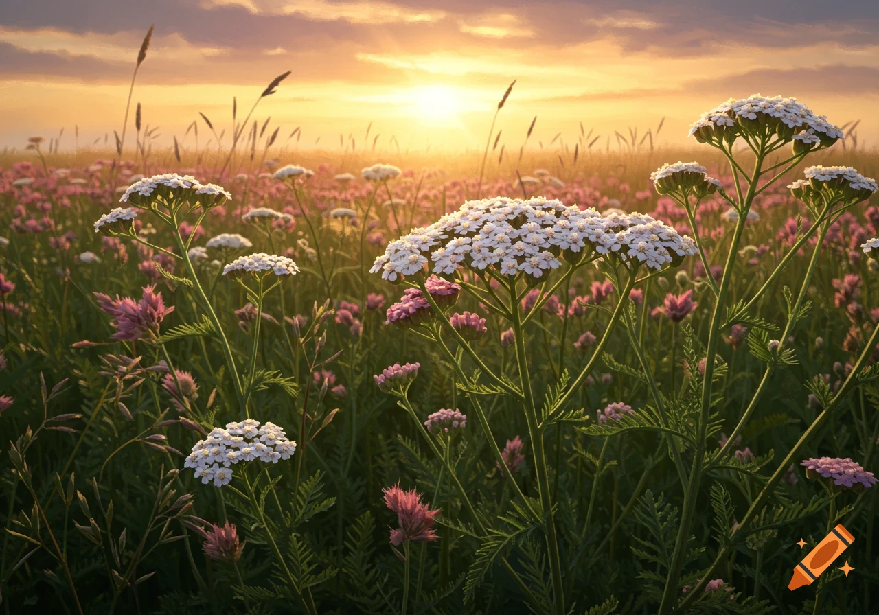 A close-up view of a field of white and pink yarrow flowers bathed in the warm light of a sunset.