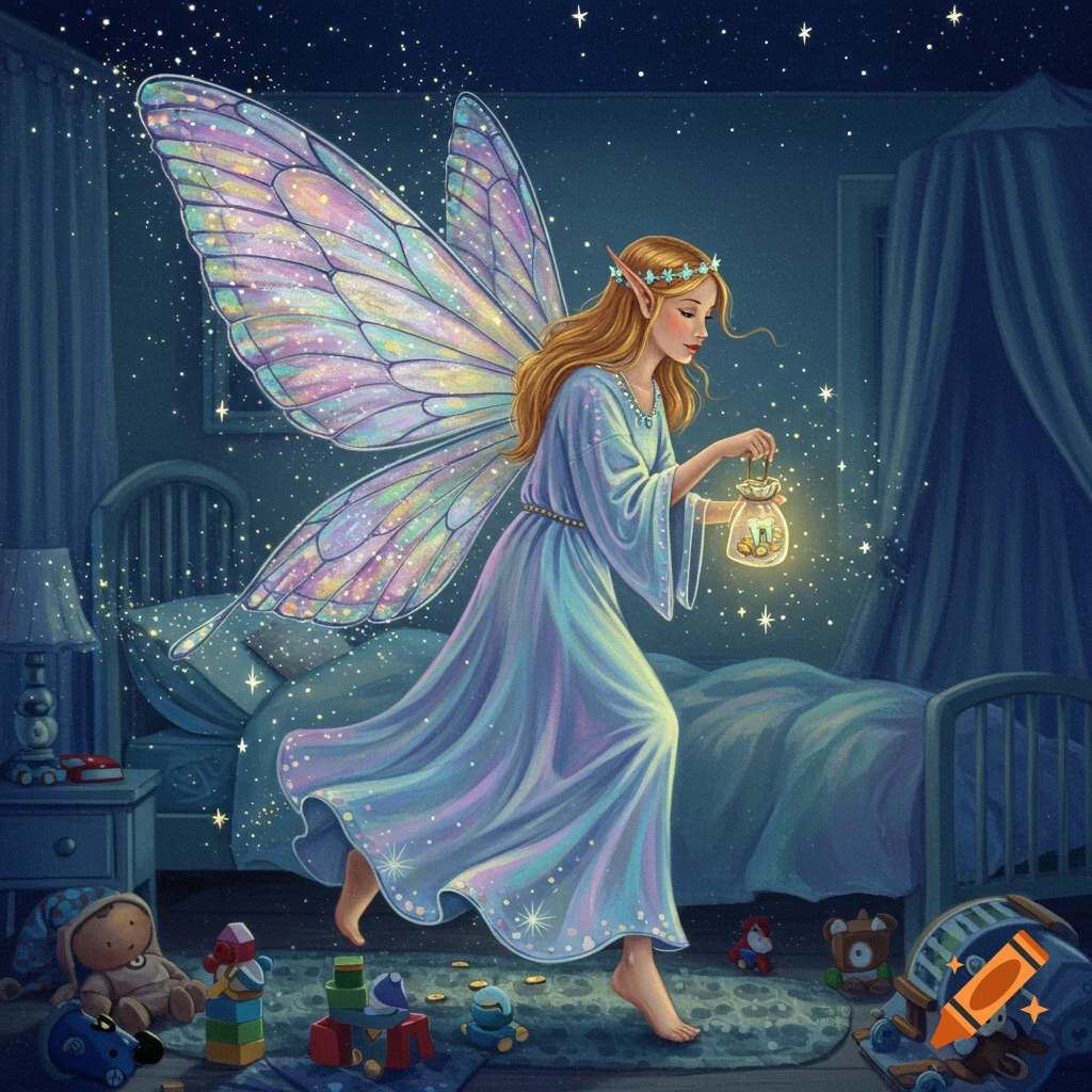 A magical tooth fairy with iridescent wings and a glowing bag of coins walks barefoot across a child's starlit bedroom floor.