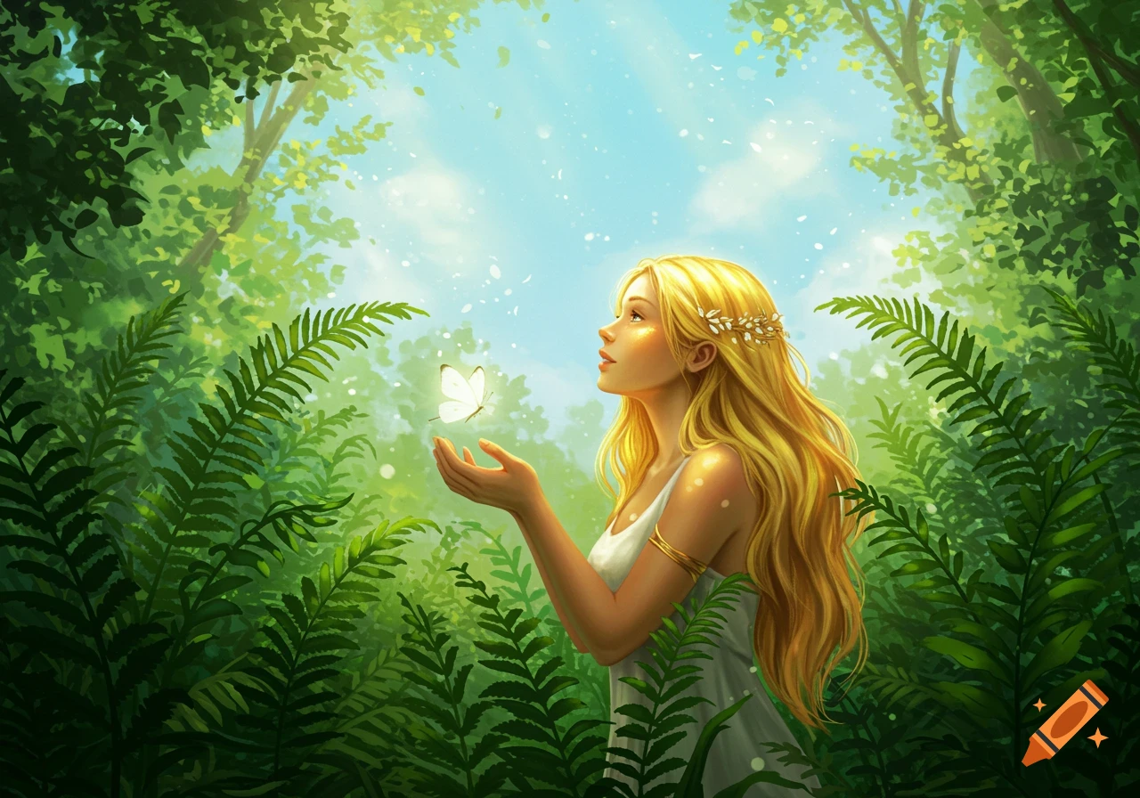 An illustration of a blonde woman in a forest, looking up as a white butterfly hovers over her cupped hands.