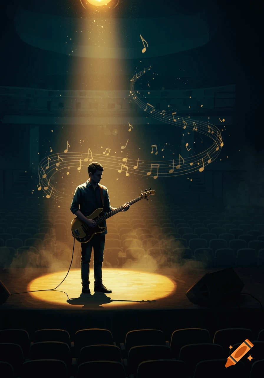 A man plays a bass guitar on a dimly lit stage, illuminated by a spotlight, with golden musical notes swirling around him.
