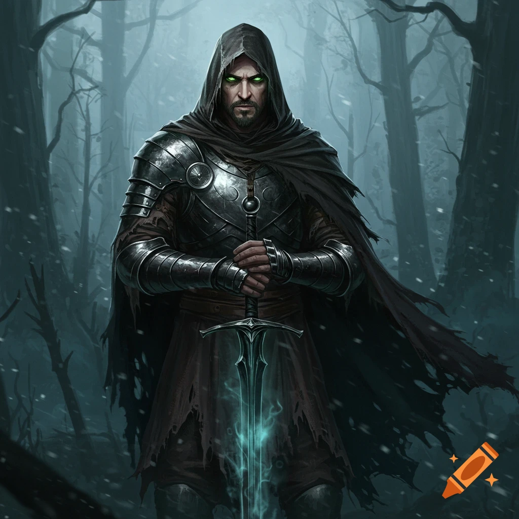 A hooded warrior with glowing green eyes in dark armor and tattered cloak stands in a snowy forest, holding a glowing sword.
