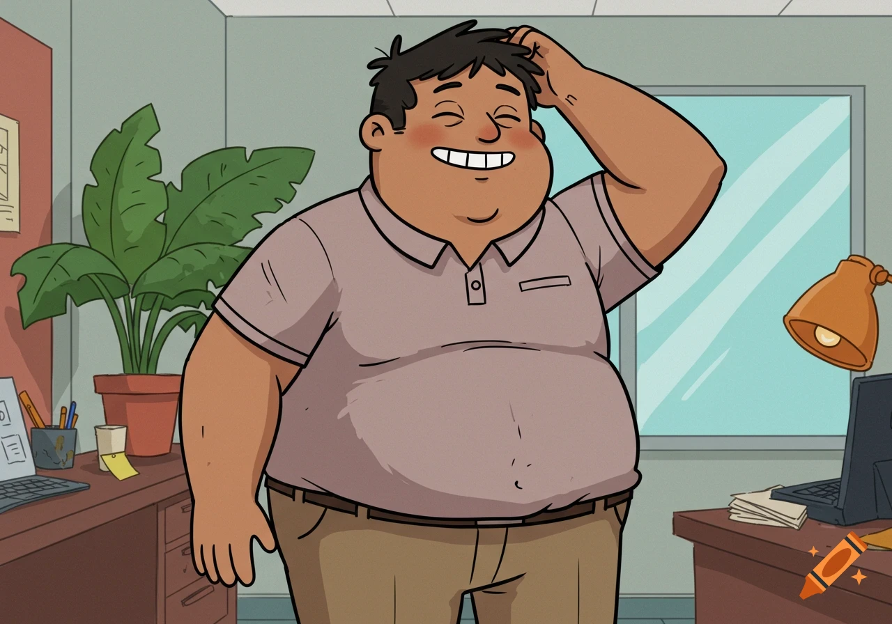 A funny cartoon of a chubby, tan-skinned man in a polo shirt and khaki pants, smiling and scratching his head in an office.
