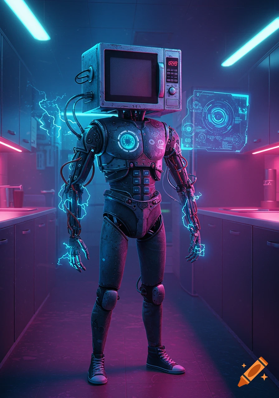 A futuristic robot with a microwave oven for a head stands in a neon-lit kitchen. Blue electricity crackles around its arms.
