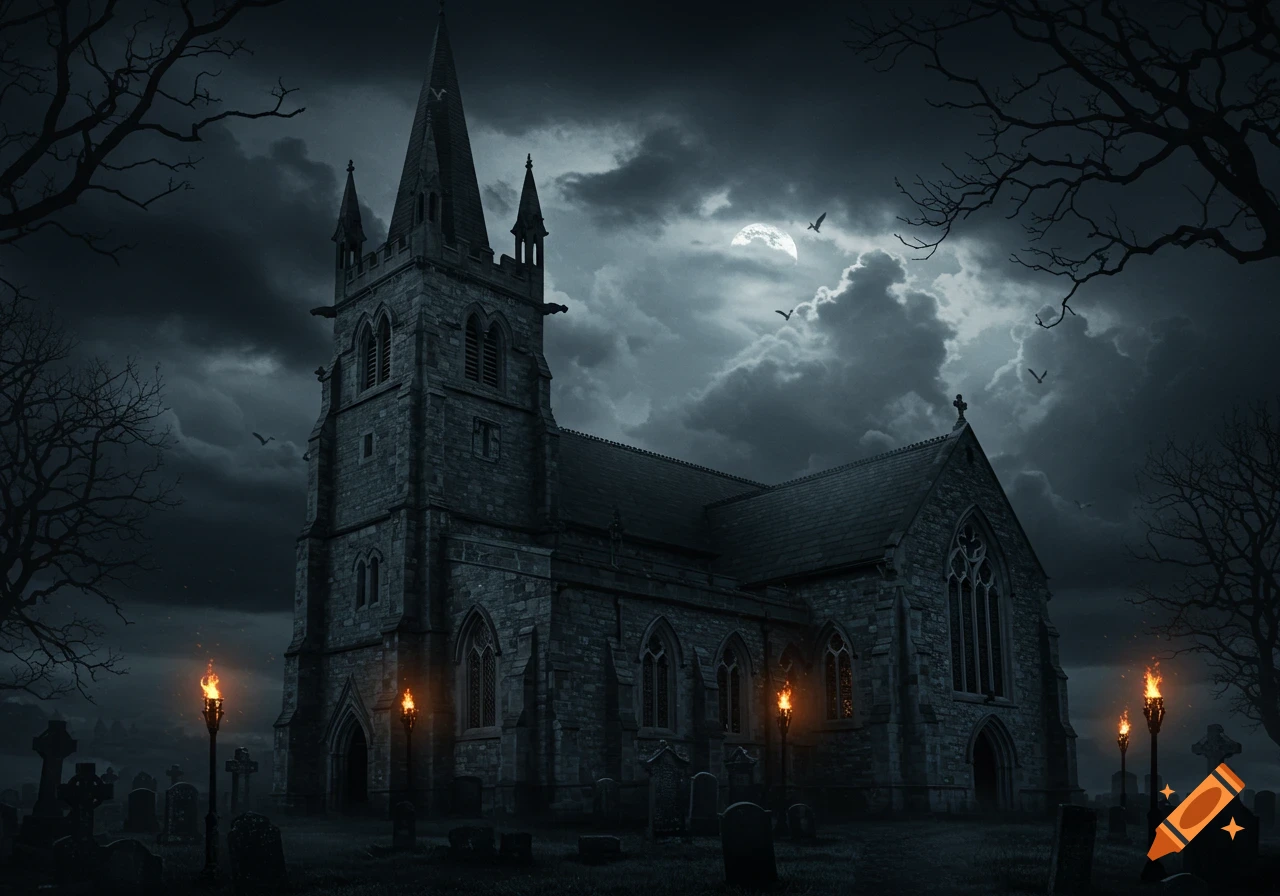 A dark, gothic stone church stands illuminated by torches in a graveyard under a full moon and stormy night sky.
