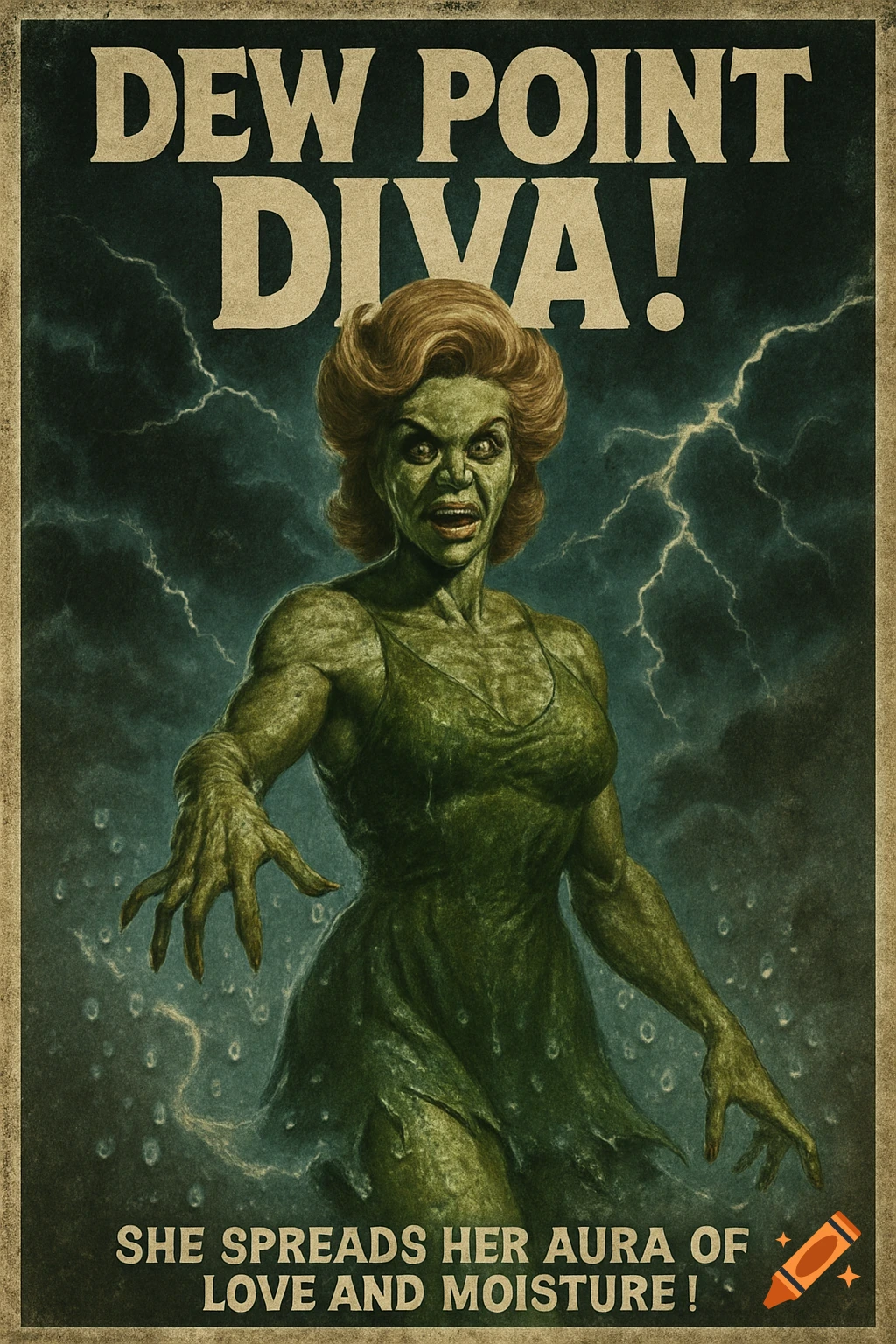 A vintage horror movie poster for 'DEW POINT DIVA!' featuring a green-skinned, zombie-like woman in a wet dress against a stormy sky.